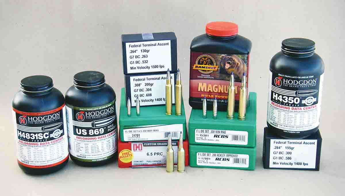 Owing a lack of factory loads, H-4831sc, US 869, Magnum and H-4350 were used to test the new bullets, all of which have high BCs.